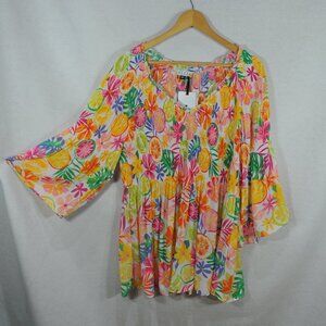 Elle Women's Blouse 2X Multicolor Floral Peasant 3/4 Sleeve Smocked Top NWT